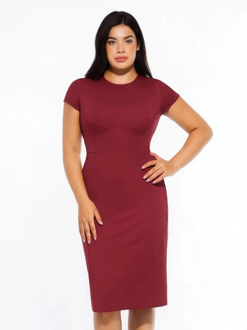 Popilush SculptWear Fitted Sheath Dress Sz XL Midi Burgundy Short Sleeve - Picture 2 of 7